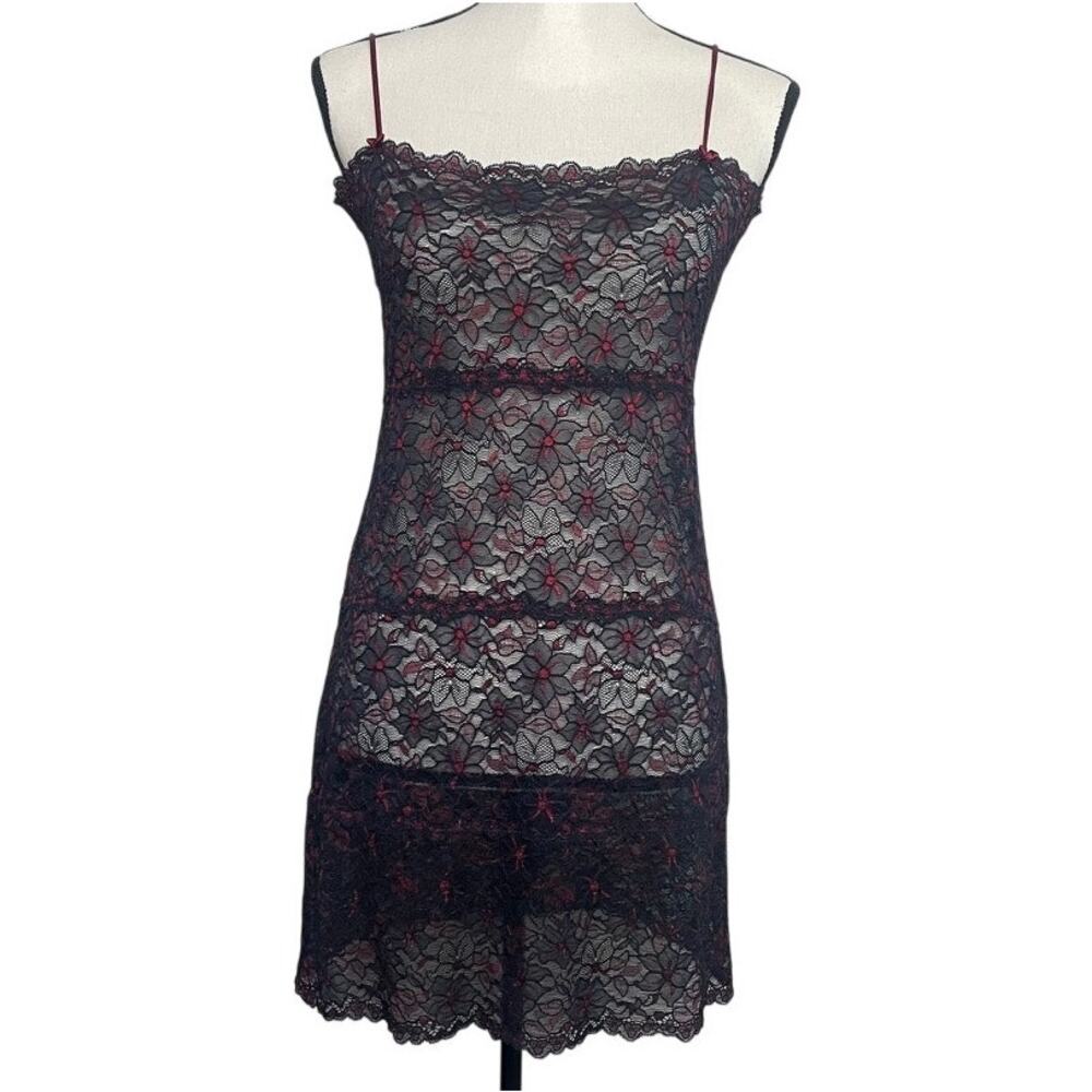 Victoria's Secret Black Red Floral Lace Mini Slip Dress Size Small